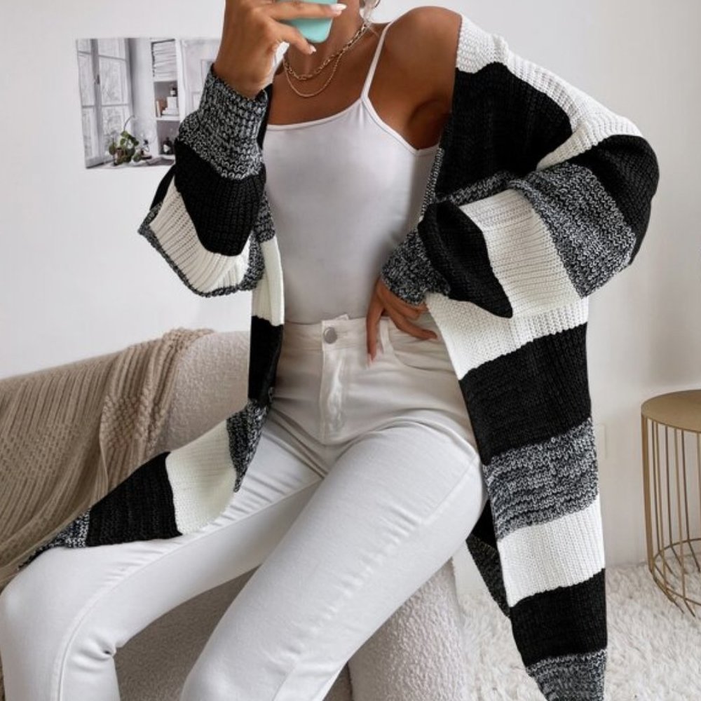 Trendy! Color Block Open Front Batwing Sleeve Long - Picture 3 of 7